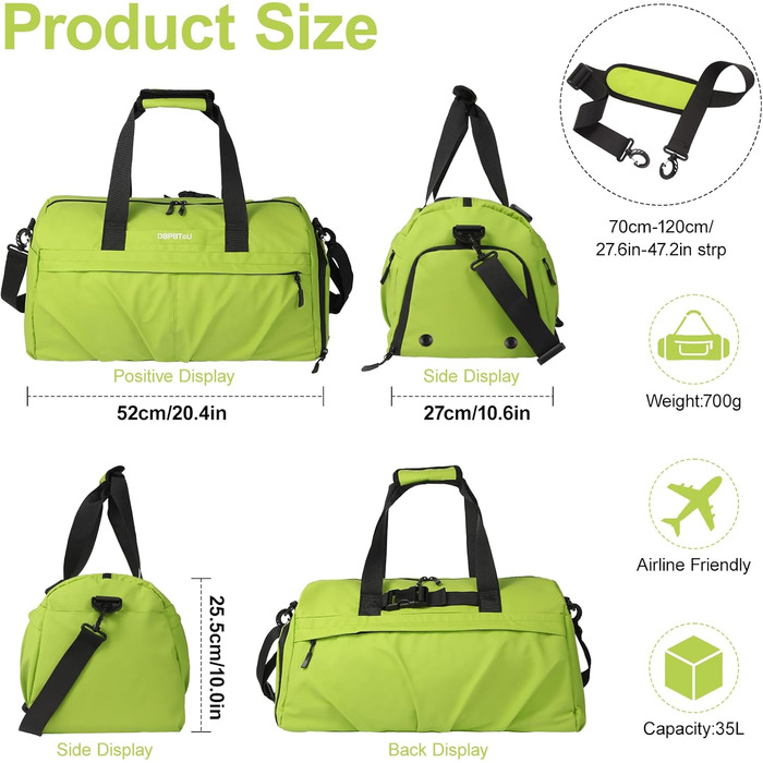 Спортивна сумка для жінок та чоловіків з твердим матеріалом, дорожня сумка з відділенням для взуття, з вентиляційними отворами та вологостійким відділенням, водонепроникна сумка-вікендер, спортивна сумка/сумка для плавання/сауни (Зелена)