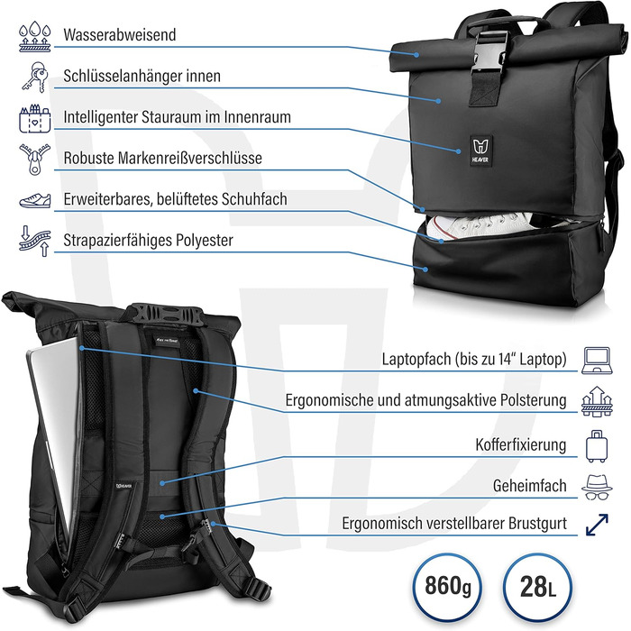 Рюкзак HEAVER Rolltop з відділенням для ноутбука, водонепроникний, універсальний для жінок та чоловіків, міський рюкзак для навчання та повсякденного використання, великий об'єм