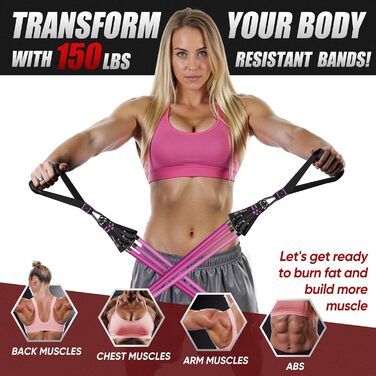 HPYGN Набір еластичних стрічок для фітнесу, 150lbs/200lbs/250lbs, 5 рівнів опору, з ручками, кігтями для щиколоток та анкером для дверей, для занять вдома, в спортзалі та на вулиці (рожевий, 150lbs)