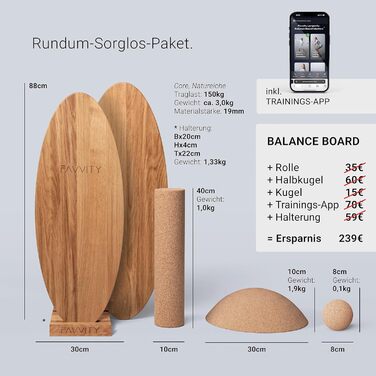 Баланс Борд з дуба | Ручна робота, Німеччина | FAVVITY® - тренажер для рівноваги з додатком (Core + кріплення, натуральний дуб)