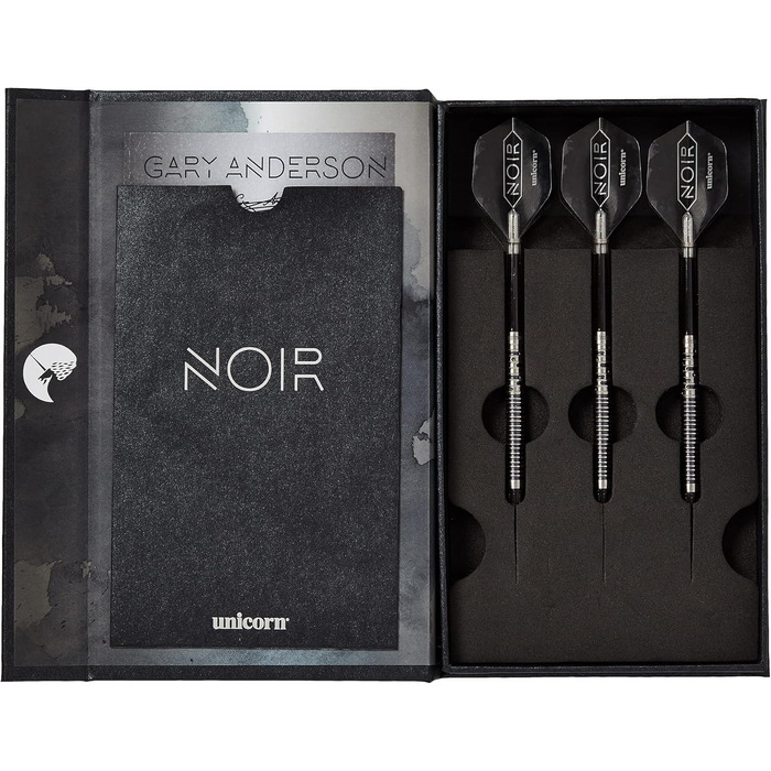 Набір дротиків Unicorn Gary Anderson Noir Phase 3/5 зі сталевим наконечником, 90% вольфрам, чорне титанове покриття, 21-24 г, подарункова упаковка