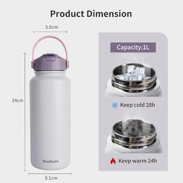 Термос-пляшка Blackube з нержавіючої сталі 1 л з трубочкою, BPA-free, герметична, металева, 1000 мл, Lilac Whisper