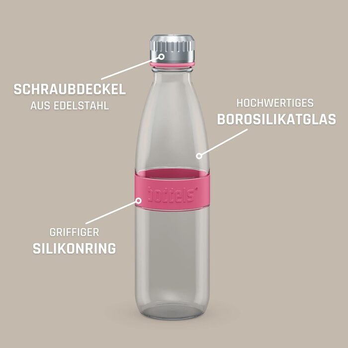 Скляна пляшка для води boddels DREE 650 мл з неопреною чохлом, боросилікатне скло, герметична, BPA-free, для спорту, школи, універсальна, рожево-малинова