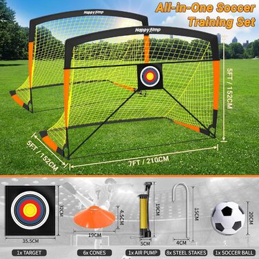 Ворота для футболу Happy Jump Pop-Up - складані для дітей та дорослих | 1 або 2 ворота: 120x90 / 152x110 / 213x152 см | З м'ячем, насосом, конусами та мішенню | Для саду та подарунка