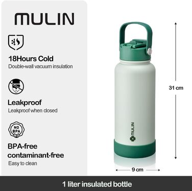 Термобутилка з нержавіючої сталі 1 л, BPA-free, ізольована, з трубочкою, герметична пляшка для води та напоїв з газом, для дітей, спорту та фітнесу