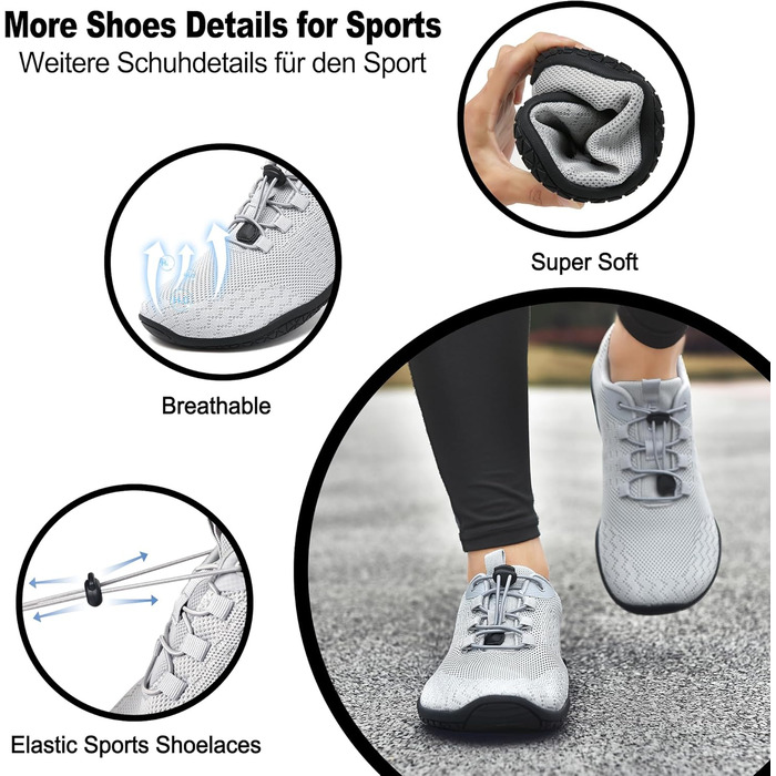 Geweo Взуття для пішохідної ходьби без шкарпеток: зручні кросівки для жінок та чоловіків з широкою передньою частиною, легкі спортивні кросівки для фітнесу, джогінгу, трейлу, хандрі, подорожей. Zero-Drop підошва, унісекс, розміри 37-47 EU (45 EU широка, с