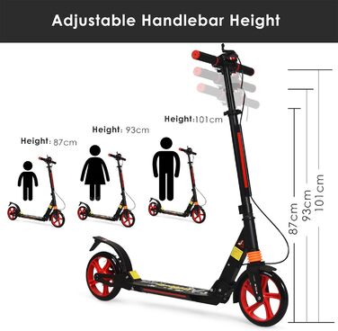 Скутер DREAMADE з алюмінію з колесами 200 мм PU, міський ролер з подвійною підвіскою та ременем, складаний та регульований за висотою для дорослих, підлітків та дітей від 8 років, чорний