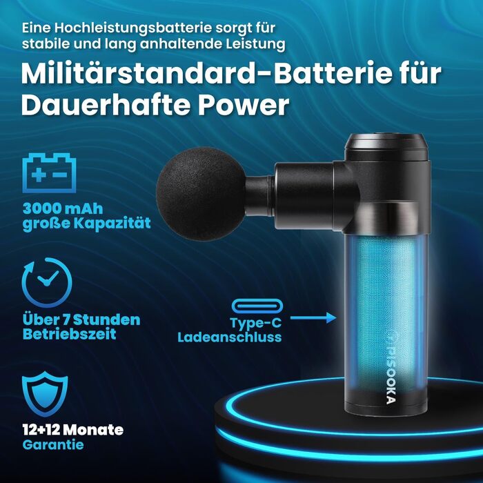 Масажер PISOOKA X2 Mini - безшумний масажний пістолет з 4 насадками для спини, плечей та ніг. 4200 RPM, 0,5 кг, USB-C, чорний