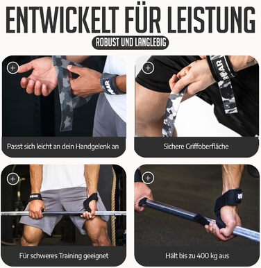 Roar® Ремені для підйому ваги (м'які) для силових тренувань, бодібілдингу, фітнесу - ремені для станової тяги - підтримуючі ремені - для жінок та чоловіків (Cammo)