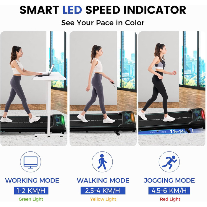 CITYSPORTS Біговий тренажер з регулюванням нахилу, WalkingPad з LED-дисплеєм та світловим ефектом, швидкість 1-6 км/год, для дому та офісу, з пультом керування, колір Green