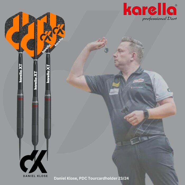 Дротики Karella Steeldart Daniel Klose 90% вольфрам, 22 г, металевий наконечник, набір з 3 дротиків та 2 комплектів оперення, для класичної дартс-дошки
