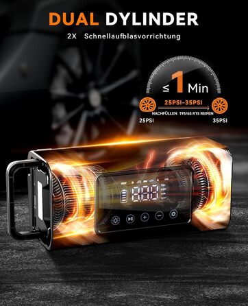 Електричний компресор SUNPOW 150PSI, портативний насос з акумулятором, металевий двоциліндровий, LCD-дисплей, для авто, велосипедів, пікапів і SUV