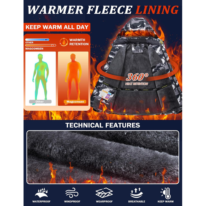 Чоловіча зимова флісова куртка MAGCOMSEN з підкладкою, для катання на лижах, Outdoor, вітронепроникна, водонепроникна, тепла, функціональна куртка з капюшоном для походів та кемпінгу (Чорний-Камуфляж, L)