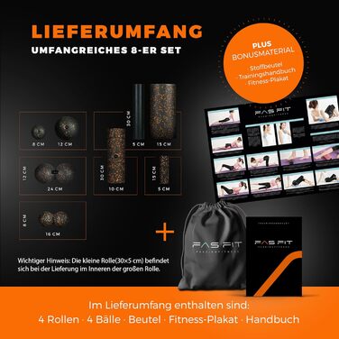 Ролер для фасції Fas Fit - масажний ролер та м'ячі для фасцій - ролер для ефективних фасційні тренування, включаючи постер, посібник вправ, електронна книга та мішок (8 шт., чорний/оранжевий)