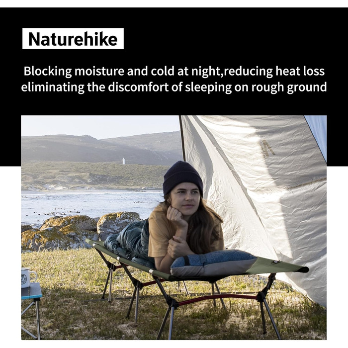 Ліжко похідне Naturehike ультралегке, складне, зелене армійське - до 150 кг, регульована висота, для кемпінгу, офісу, гостей