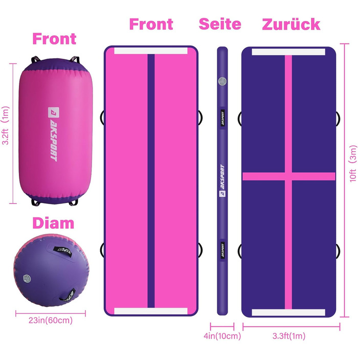 Airtrack AKSPORT з роликом для гімнастики: надувна килимок для дому, йоги, чеерлідингу, акробатики, ролінгів, 3м, рожевий