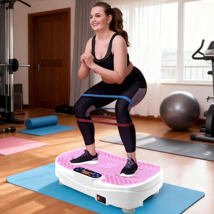 Вібраційна платформа для дому - ротаційна платформа з 120 рівнями та 5 режимами, з еластичними стрічками та пультом дистанційного керування, для спалювання жиру, нарощування м'язів та формування фігури, ідеальна для дому, домашнього спортзалу (Рожева)