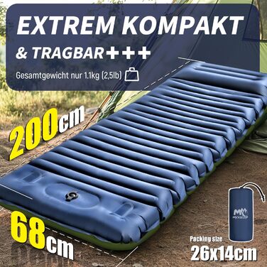 Каремат для кемпінгу Myxslop самонадувний, 12 см, товстий, з насосом та подушкою, ультралегкий, для туризму, пляжу, подорожей, намету (зелений/блакитний)