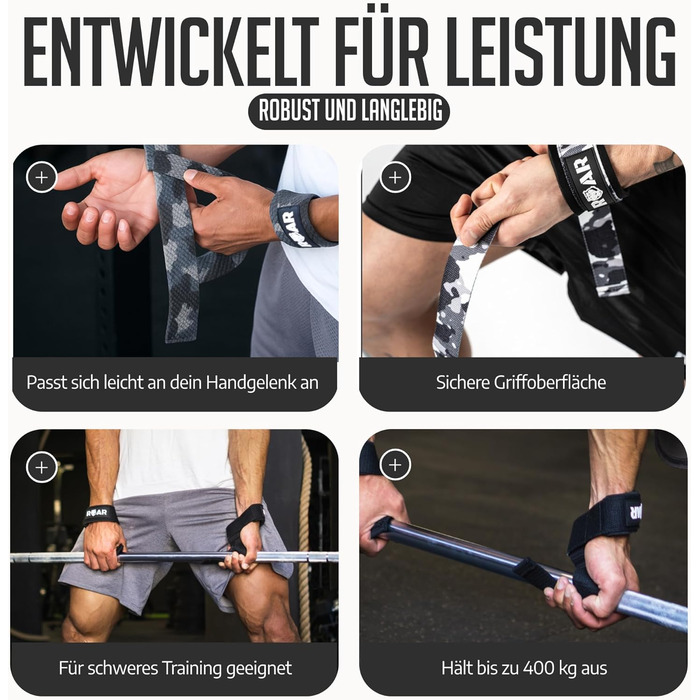 Roar® Ремені для підйому ваги (м'які) для силових тренувань, бодібілдингу, фітнесу - ремені для станової тяги - підтримуючі ремені - для жінок та чоловіків (Cammo)