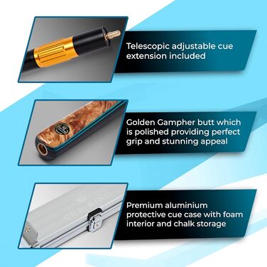 Cue-King Premier 300: Більярдний кий для снукеру, ручної роботи, 144.8 см, 510.3 г, з кейсом, телескопічним подовженням, з мікрофібровим рушником