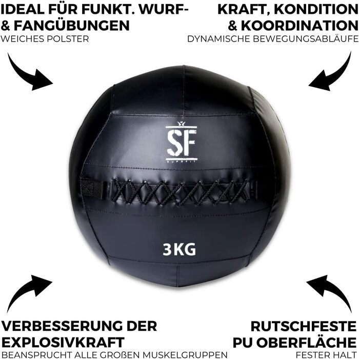 М'яч для фітнесу SUPRFIT – медичний м'яч для крос-тренувань та функціональних тренувань з м'яким наповнювачем та неслизькою поверхнею з ПВХ – вага для тренування вибухової сили, витривалості та координації