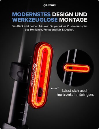 Велосипедне заднє світло Büchel LED, акумуляторне, сертифіковане StVZO, для велосипеда та електровелосипеда, з функцією показу гальмування