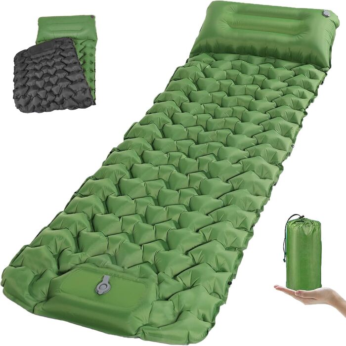 TENQUAN Килимок для кемпінгу самонадувний, 9см, для сну, відпочинку, подорожей, з насосом, для авто, намету, трекінгу, пляжу (Pfauen/Grau) (Grün)