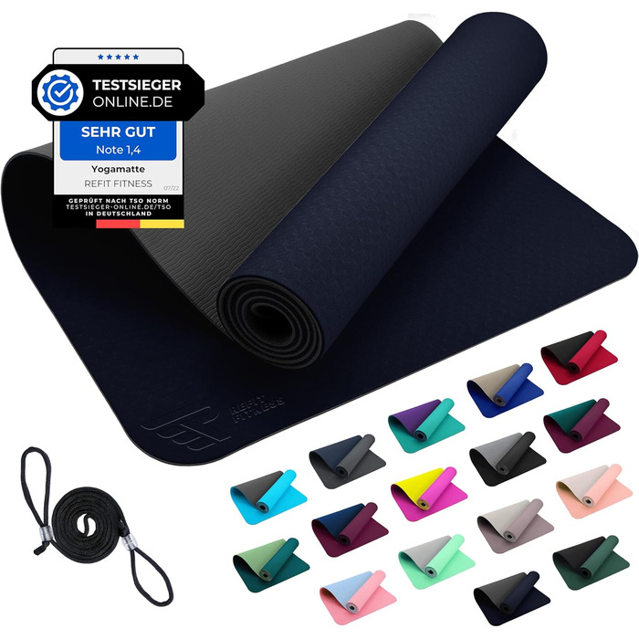 Килимок для йоги REFIT FITNESS Perfect-Fit 190 x 60 x 0,6 см з покриттям GeckoGrip & Sensi-Plus TPE. Нековзкий, без шкідливих речовин, з ремінком для перенесення. Підходить для гімнастики та спорту.
