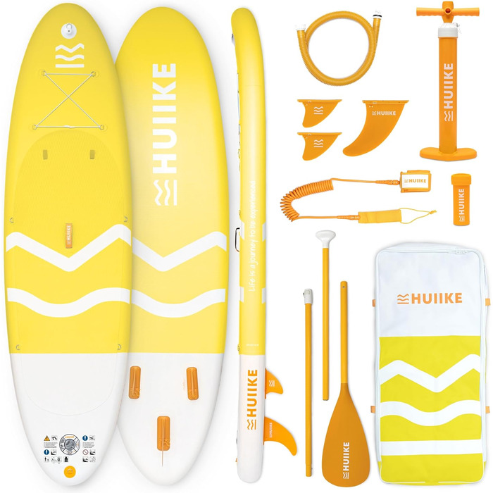 Надувний SUP-борд HUIIKE Stand Up Paddling Board з аксесуарами: весло, фіни, насос. Стабільний та міцний надувний SUP-борд 305x84x15 см, до 130 кг (Enjoyer Yellow - Essential)
