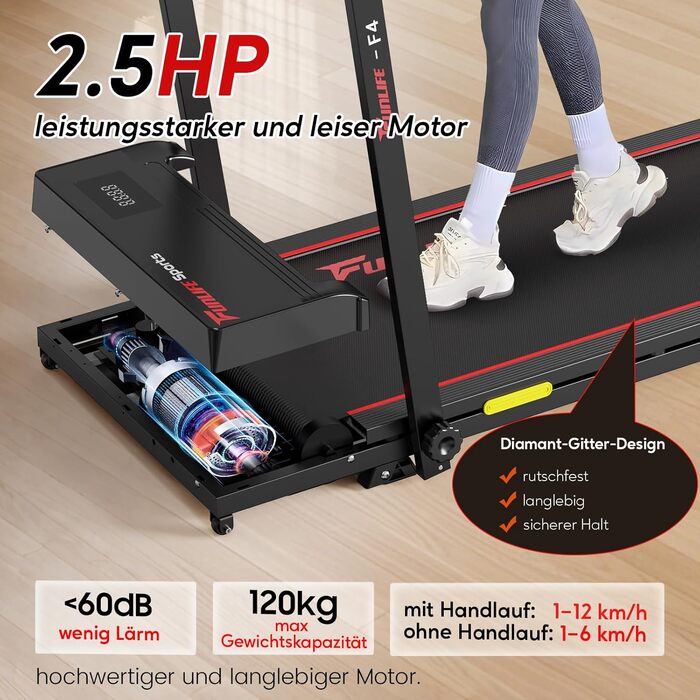 Біговий доріжка для дому складний з кутом нахилу 7% – 2.5HP тихий двигун, подвійне керування та страхувальний трос, компактний Walking Pad для дому та офісу, для людей похилого віку, початківців та реабілітації, без збирання, 4-в-1 FunLife F4 (червоний)