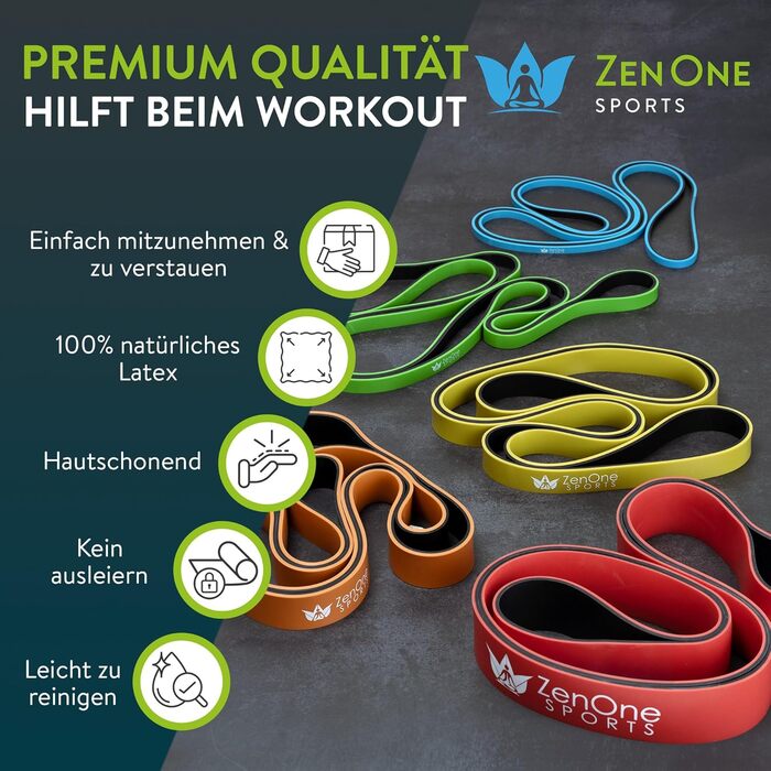 Гумові еспандери ZenOne Sports® для фітнесу, 6 рівнів опору (X-Light - XX-Heavy) + посібник з тренувань. Для підтягувань, силових тренувань.