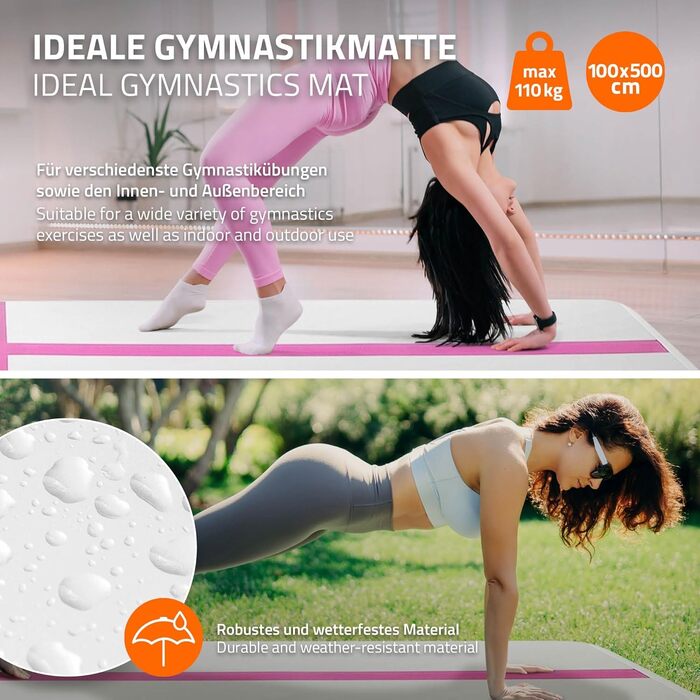Гімнастичний мат Airtrack ECD Germany для тумблінгу та фітнесу, надувний повітряний тренажер (500 x 100 x 10 см), рожевий, з електричним насосом та сумкою