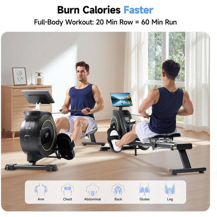 YPOO Гребний тренажер, магнітний тренажер для дому, 16 рівнів тихих налаштувань опору, подвійний направляючий рейк, максимальне навантаження 158.8 кг, сумісний з додатком