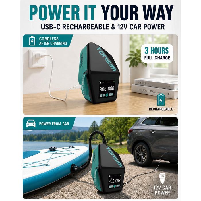 Електричний насос Tonsim Sup Pumpe 20 PSI з акумулятором для SUP-дощок, каяків, надувних човнів та кемпінгу (чорно-сірий)