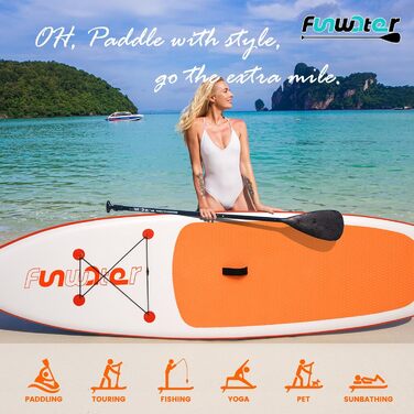 Надувний SUP-борд FunWater 320CM – комплект: весло, рюкзак, 3 ласти, насос, лінь – для початківців та досвідчених райдерів, 10'6, Orange/Weiß