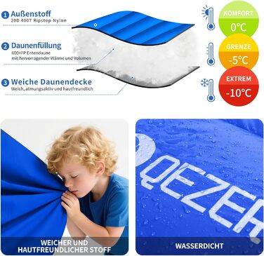 Сплячий мішок QEZER зимовий пуховий для дорослих та дітей, 0°C -23°C, для кемпінгу, чорний/сапфіровий, всі сезони