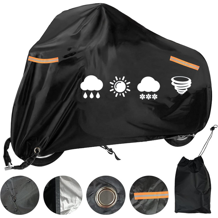 USHOP Мотоциклетний чохол для мотоцикла, скутера, ролера, мопеда, Outdoor XXL, 210D Oxford, UV-захист, з відбиваючими смугами, отвір для замка, вітрозахисні пряжки (245x105x125 см)