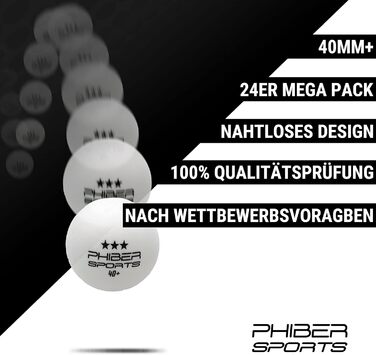 Набір для настільного тенісу PHIBER-SPORTS 24 м'ячі 3 зірки 40+ Преміум - Ідеальні ігрові характеристики, для початківців, сімей та професіоналів, відповідає стандартам змагань