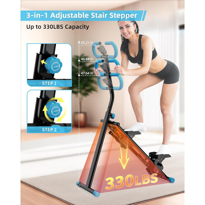 Вертикальний тренажер для кардіо, сходиця для дому, вертикальний альпініст з LCD-дисплеєм, 3 рівні складності, блакитний