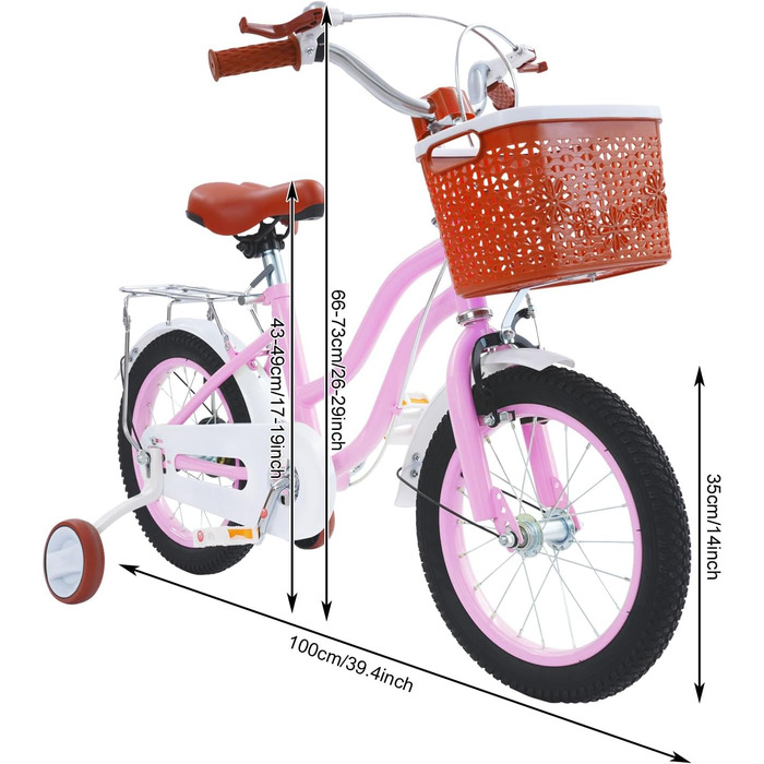 Дитячий велосипед 14 дюймів Retro стиль з додатковими колесами, заднім сидінням, кошиком, регульованою висотою. Підходить для дітей 3-7 років, рожевий.