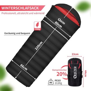 Спальний мішок пуховий, 4-сезонний, зимовий, -3°C до -20°C. Підходить для кемпінгу, походів та відпочинку на природі для дорослих та дітей. Чорний (-3°C до -12°C, Чорний -8°C до -18°C)