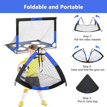 Ворота для футболу MoKo для саду, 150x120 см, велика розкладна сітка з мішенню, портативне обладнання для дитячих футбольних тренувань, спортивна гра на відкритому повітрі (Чорний+Синій)