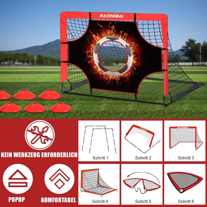 Набір для тренування воріт Kinder Fussballtore 3 в 1 з ціллю, мішенню, конусами та сумкою. Розмір 120x90x90 см. Червоно-чорний, для залу, вулиці та саду.