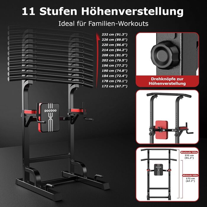 Силовий комплекс Pooboo Power Tower: багатофункціональний турнік з брусами для дому, 11 рівнів регулювання висоти, еластичні стрічки, чорний