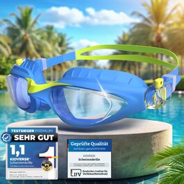 Дитячі окуляри для плавання KIDVERSE - комфортні окуляри для дайвінгу для дітей 3-13 років. Перевірені дитячі окуляри для плавання з UV-захистом та антизапітнільними властивостями. Окуляри для плавання для дівчаток та хлопчиків, блакитно-жовті