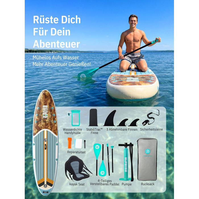 Надувне SUP-борд Niphean Stand Up Paddle Board з сидінням та аксесуарами, 320 см, для 2 осіб (200 кг), Greenwave Woodtune з StabilTrac-фіном