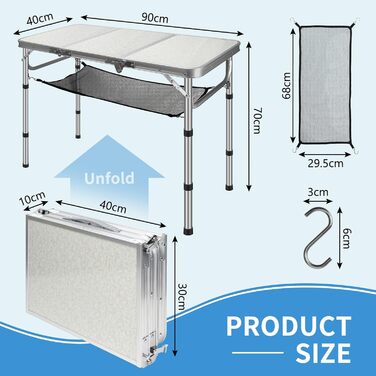 Складний туристичний стіл CPROSP 90x40 см, регулювання висоти 26-70 см, срібний