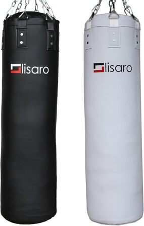 Боксерський мішок Lisaro Premium 120x35 см, 30 кг, наповнений/порожній, для боксу, MMA та єдиноборств, з 6-точковим сталевим ланцюгом, чорний/білий