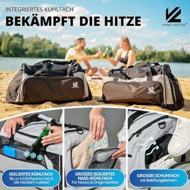 Спортивна сумка V® з відділенням для взуття, мокрою білизною та ізольованим холодильним відсіком. Сумка для сауни, подорожей, спортзалу, фітнесу, плавання. Чорний-сірий, чорно-сріблястий (XL, сріблясто-карбоновий)