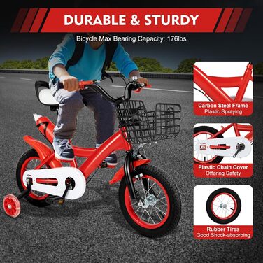 Дитячий велосипед 12 дюймів для дівчаток та підлітків, 3-6 років, з кошиком, червоний